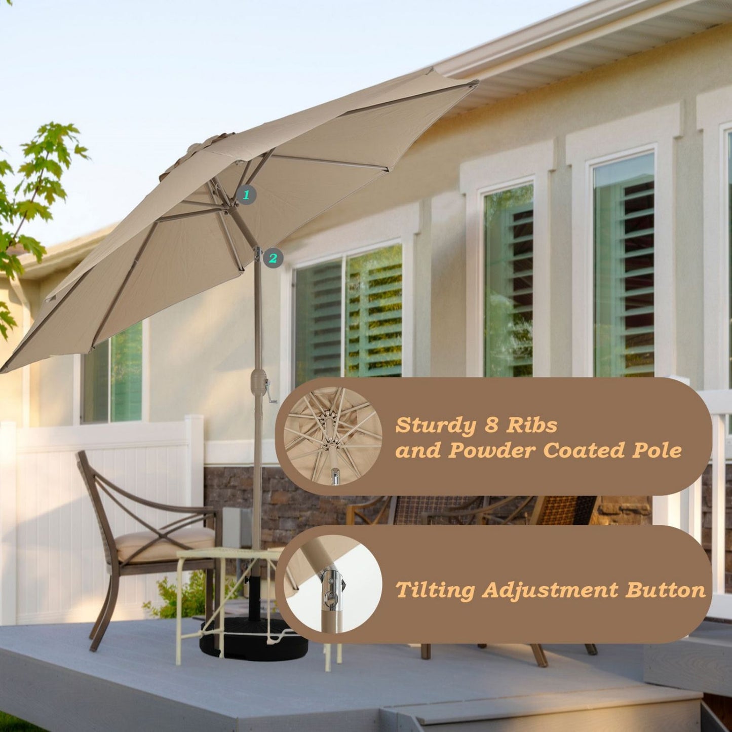 9FT Outdoor Patio Market Umbrella Aluminum Frame with Push Button Tilt Crank and 8 Steel Ribs, UV Protection  Aoodor    