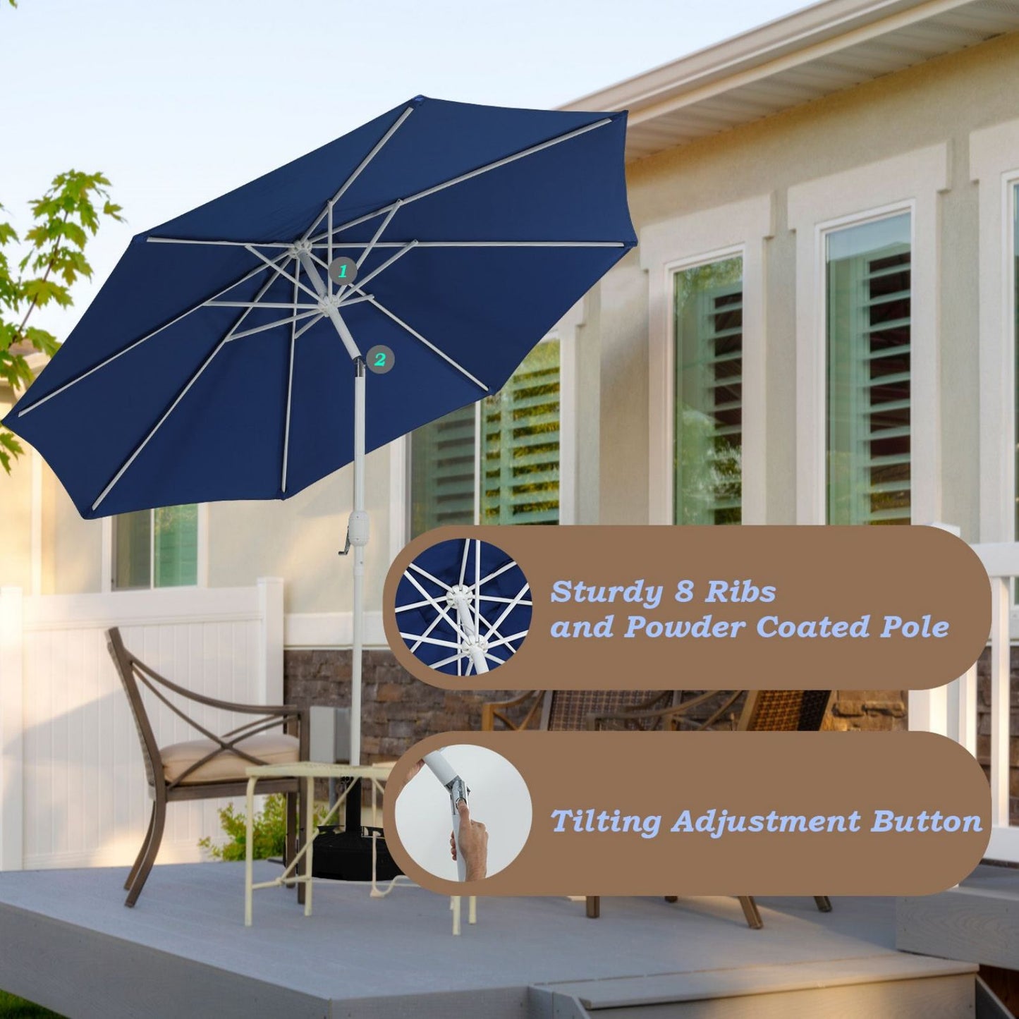 9FT Outdoor Patio Market Umbrella Aluminum Frame with Push Button Tilt Crank and 8 Steel Ribs, UV Protection  Aoodor    