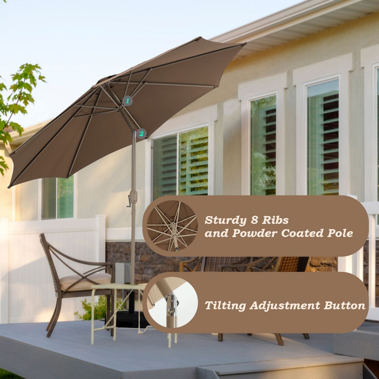 9FT Outdoor Patio Market Umbrella Aluminum Frame with Push Button Tilt Crank and 8 Steel Ribs, UV Protection  Aoodor    