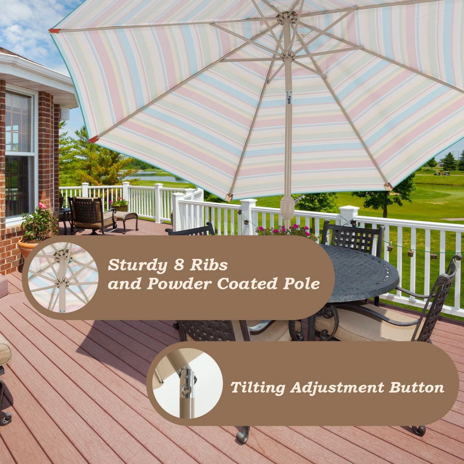 9FT Outdoor Patio Market Umbrella Aluminum Frame with Push Button Tilt Crank and 8 Steel Ribs, UV Protection  Aoodor    