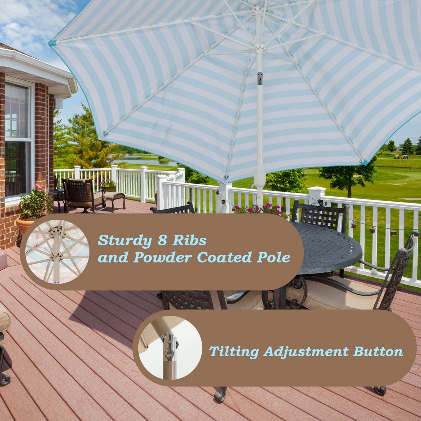 9FT Outdoor Patio Market Umbrella Aluminum Frame with Push Button Tilt Crank and 8 Steel Ribs, UV Protection  Aoodor    