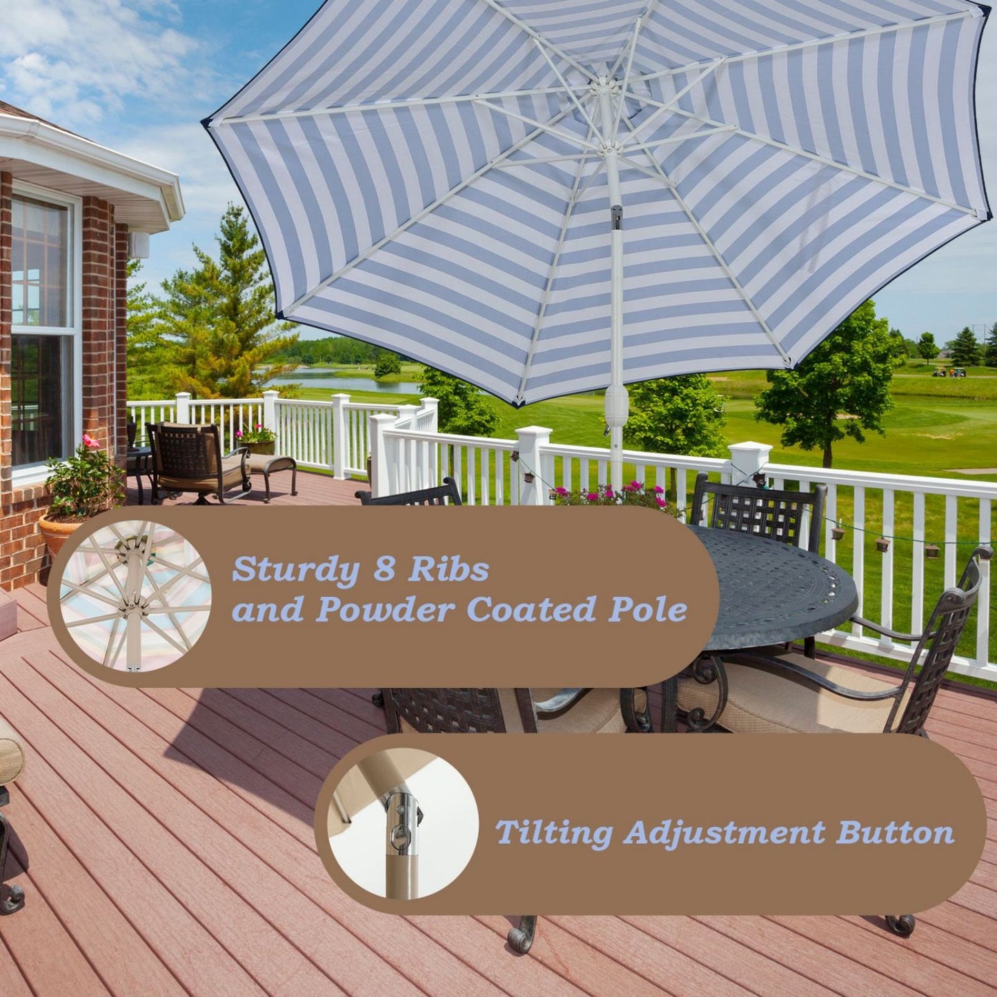 9FT Outdoor Patio Market Umbrella Aluminum Frame with Push Button Tilt Crank and 8 Steel Ribs, UV Protection  Aoodor    