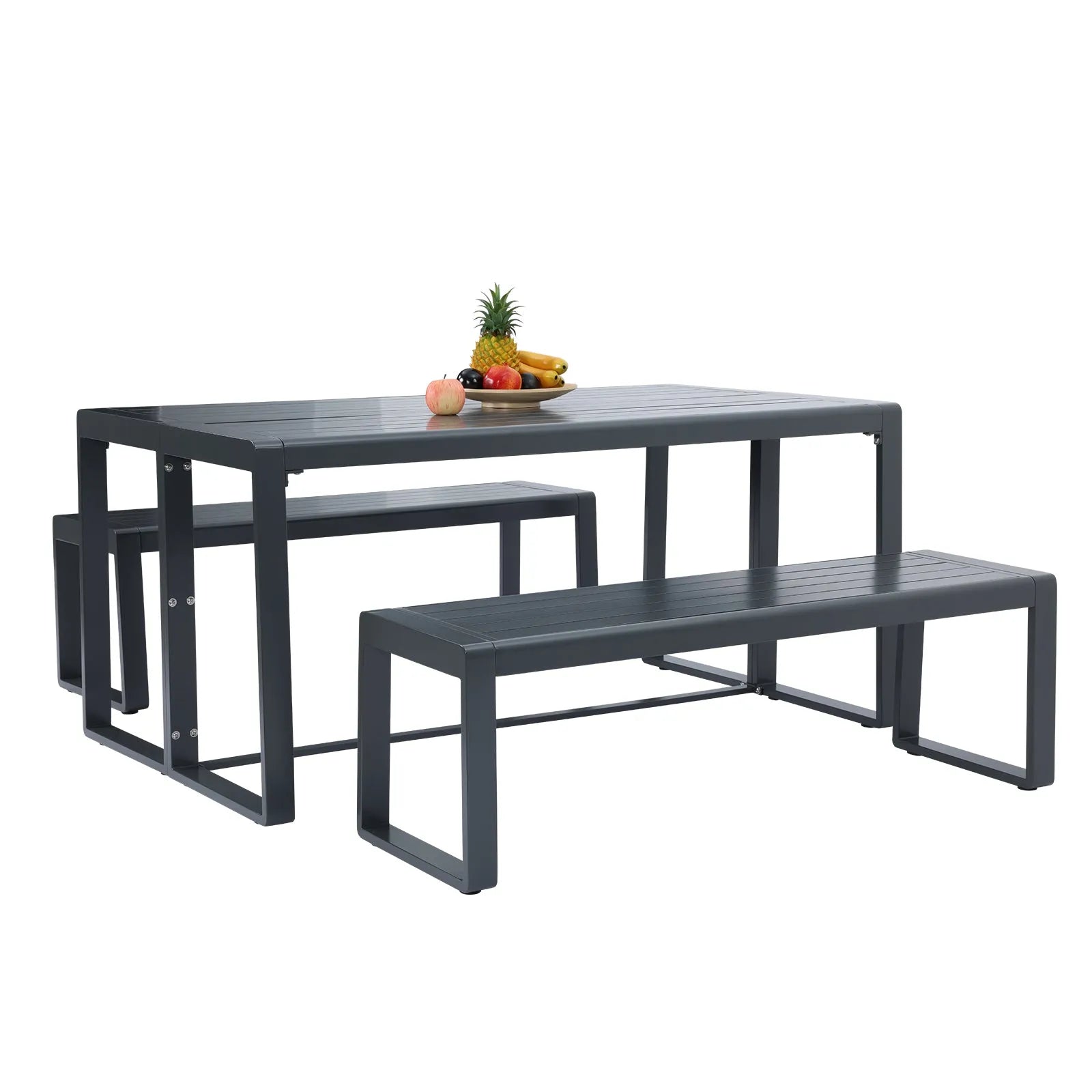 Aoodor 3-Piece Outdoor Patio Aluminum Dining Set with 1 Rectangular Picnic Table and 2 Benches Black