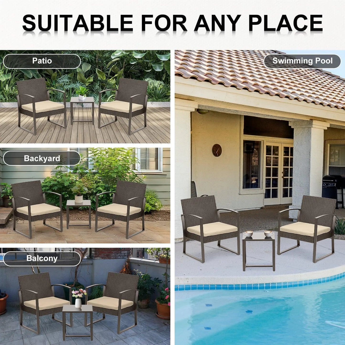 3-Piece Patio Furniture Set - Outdoor Rattan Wicker Chairs with Table, Sofa Set Including Cushions, Ideal for Conversations in Garden or Poolside Furniture Aoodor LLC   