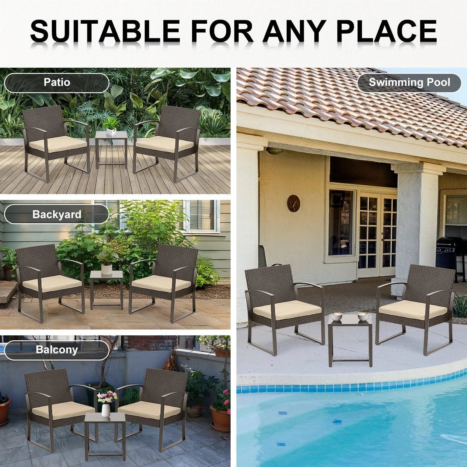 3-Piece Patio Furniture Set - Outdoor Rattan Wicker Chairs with Table, Sofa Set Including Cushions, Ideal for Conversations in Garden or Poolside Furniture Aoodor LLC   