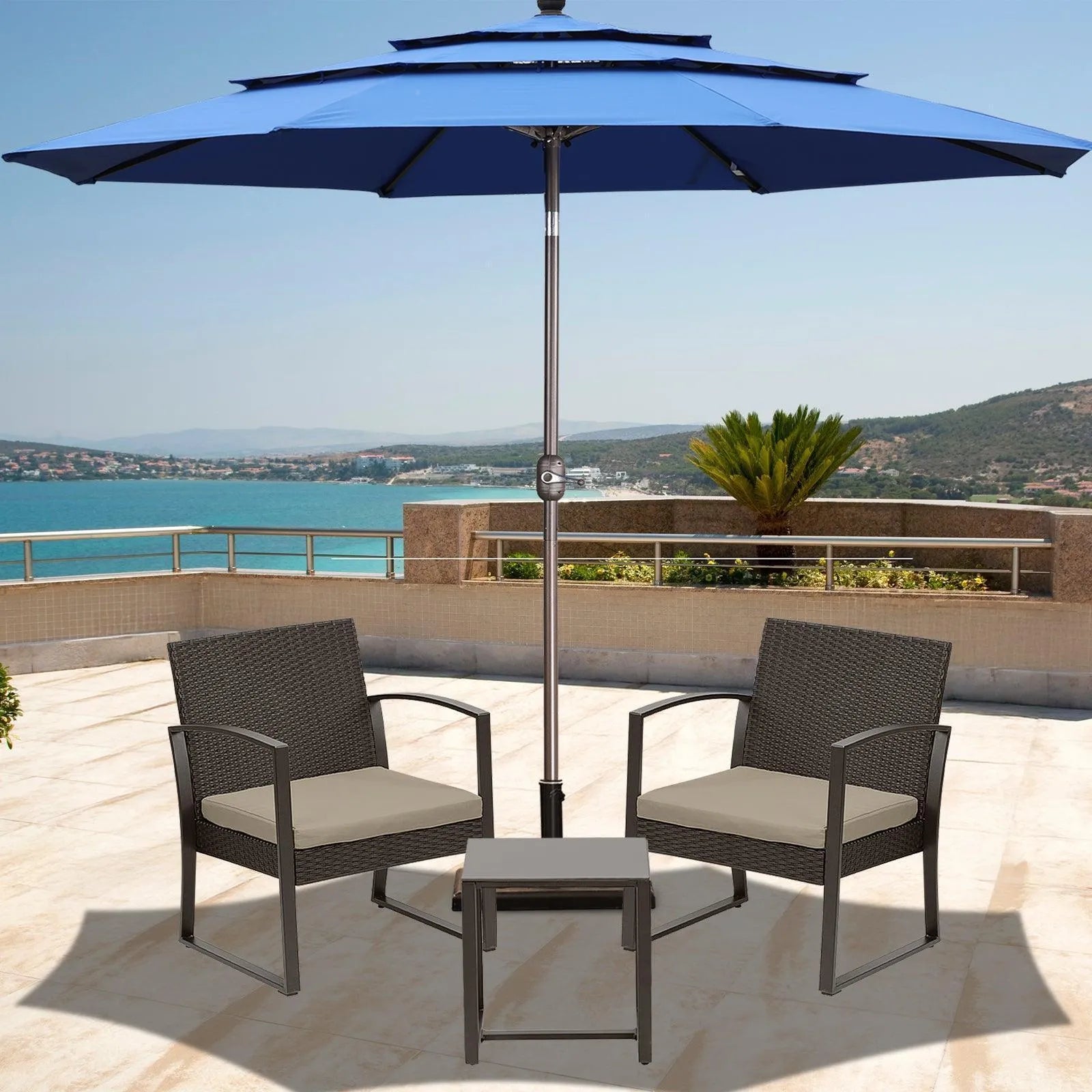 3-Piece Patio Furniture Set - Outdoor Rattan Wicker Chairs with Table, Sofa Set Including Cushions, Ideal for Conversations in Garden or Poolside Furniture Aoodor LLC   