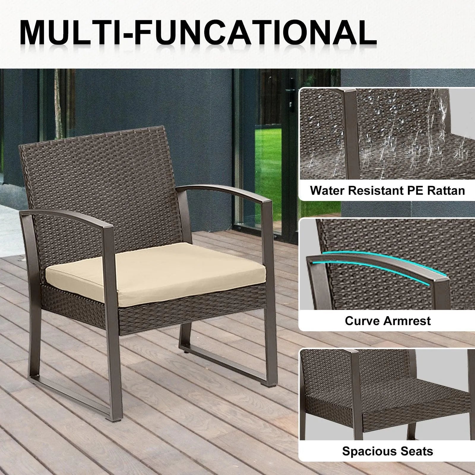 3-Piece Patio Furniture Set - Outdoor Rattan Wicker Chairs with Table, Sofa Set Including Cushions, Ideal for Conversations in Garden or Poolside Furniture Aoodor LLC   