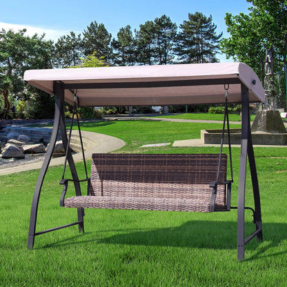 3-Seat Outdoor Rattan Patio Swing with Adjustable Canopy Brown Aoodor
