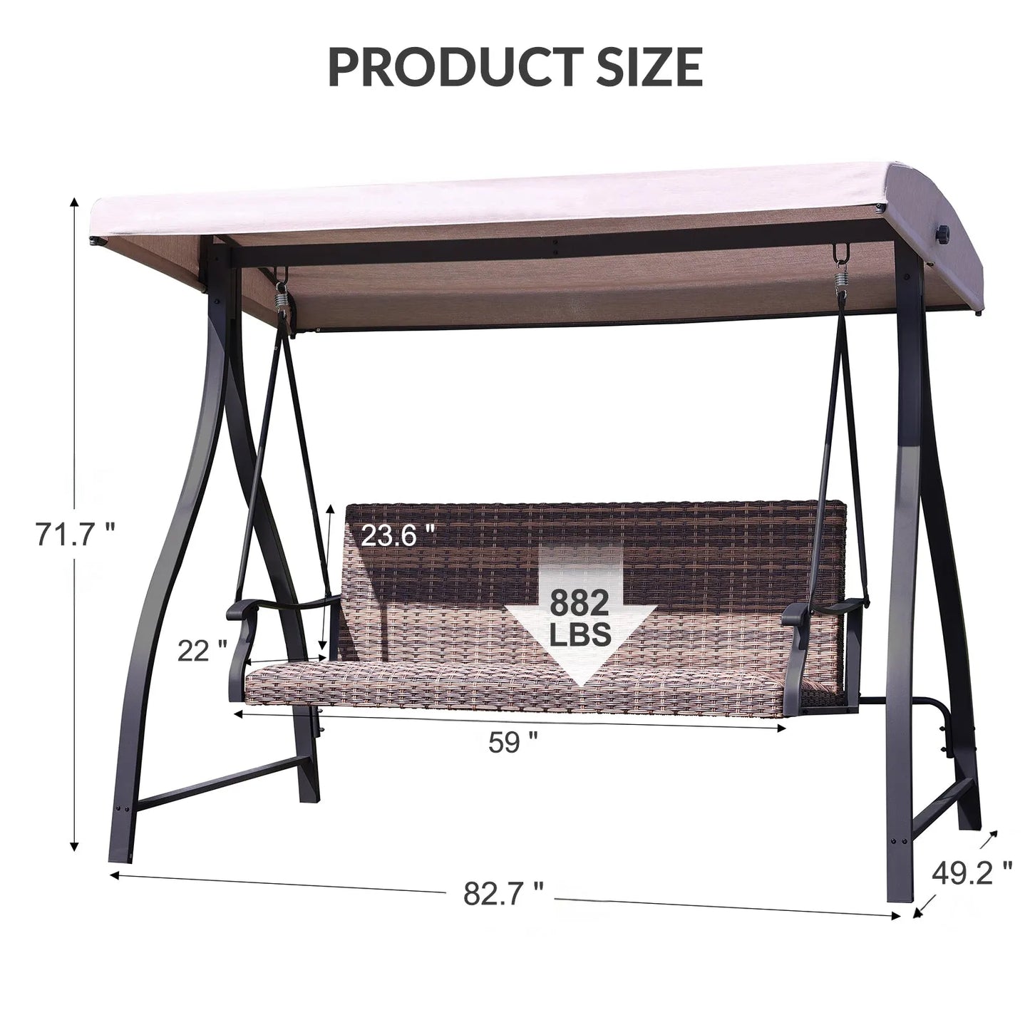 3-Seat Outdoor Rattan Patio Swing with Adjustable Canopy Brown size Aoodor