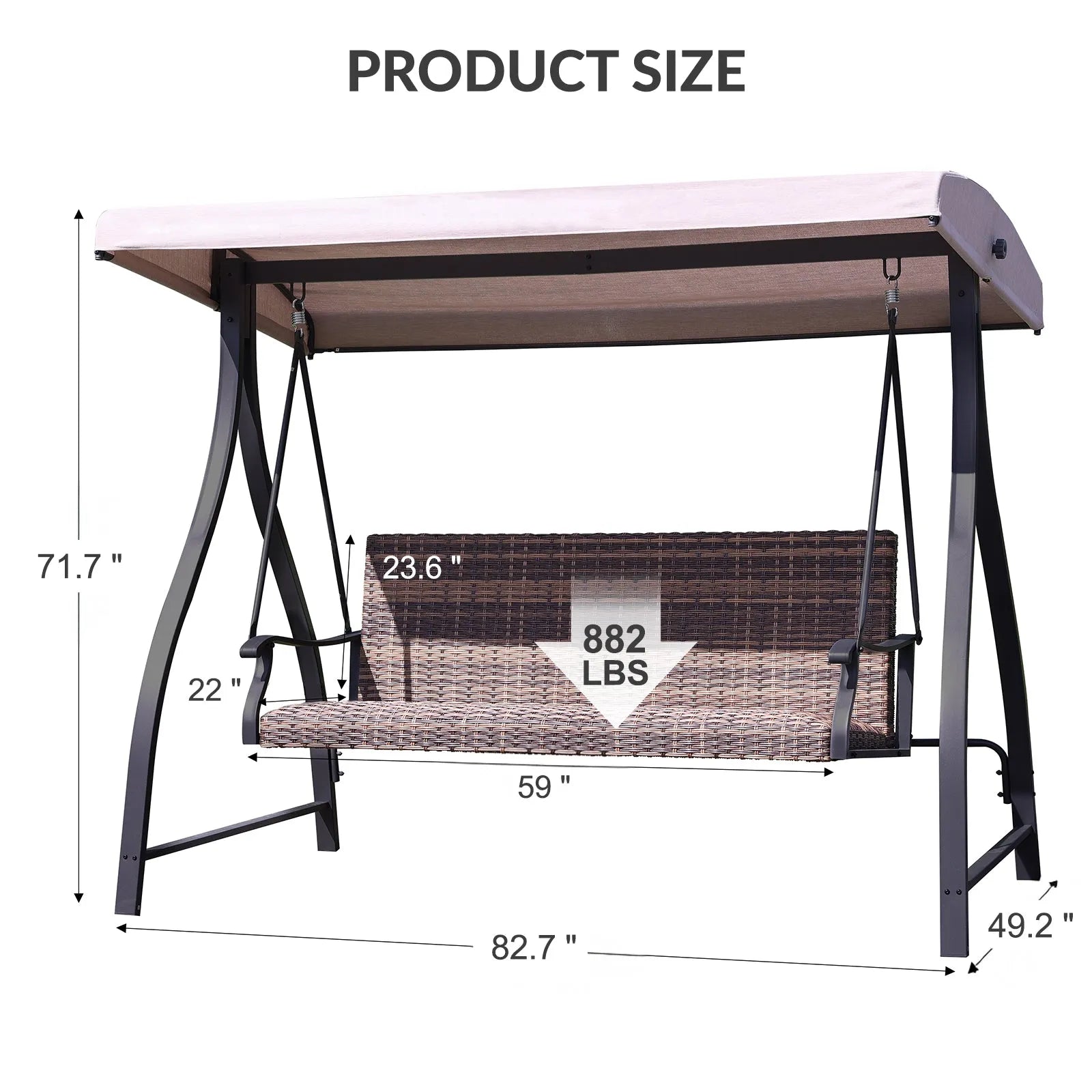 3-Seat Outdoor Rattan Patio Swing with Adjustable Canopy Brown size Aoodor