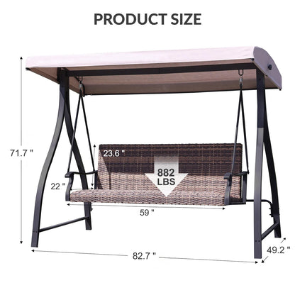 3-Seat Outdoor Rattan Patio Swing with Adjustable Canopy Brown size Aoodor