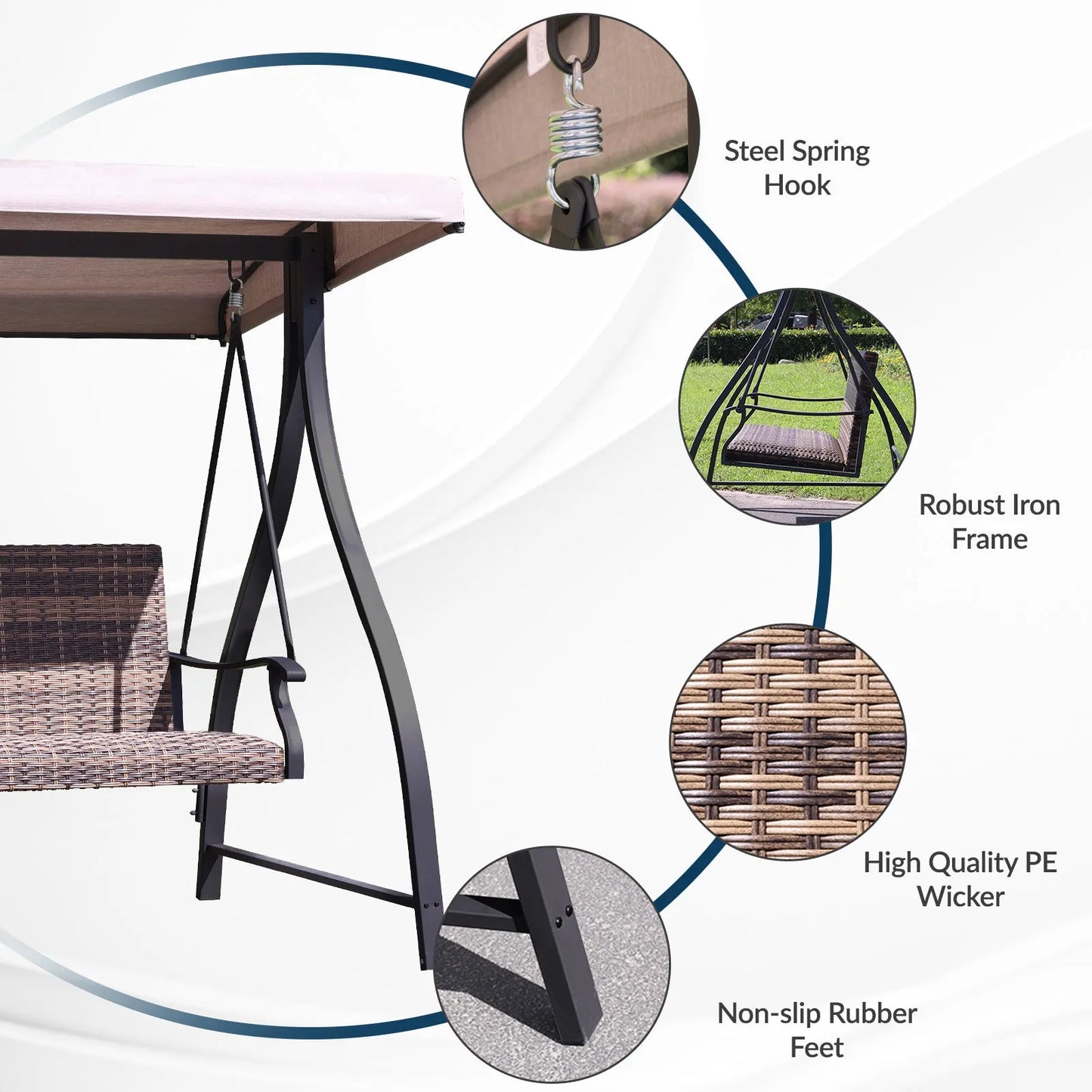 3-Seat Outdoor Rattan Patio Swing with Adjustable Canopy Brown more detail Aoodor