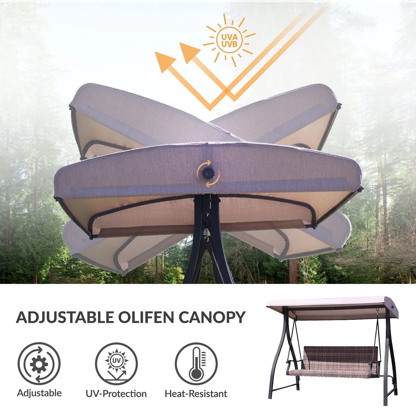 3-Seat Outdoor Rattan Patio Swing with Adjustable Canopy Brown UV protection  Aoodor