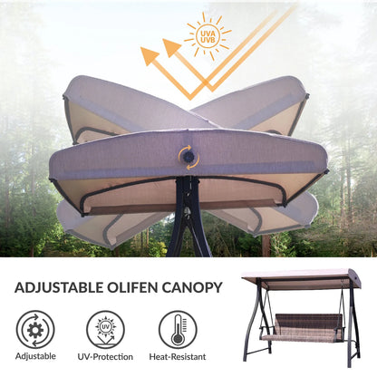 3-Seat Outdoor Rattan Patio Swing with Adjustable Canopy Brown UV protection  Aoodor