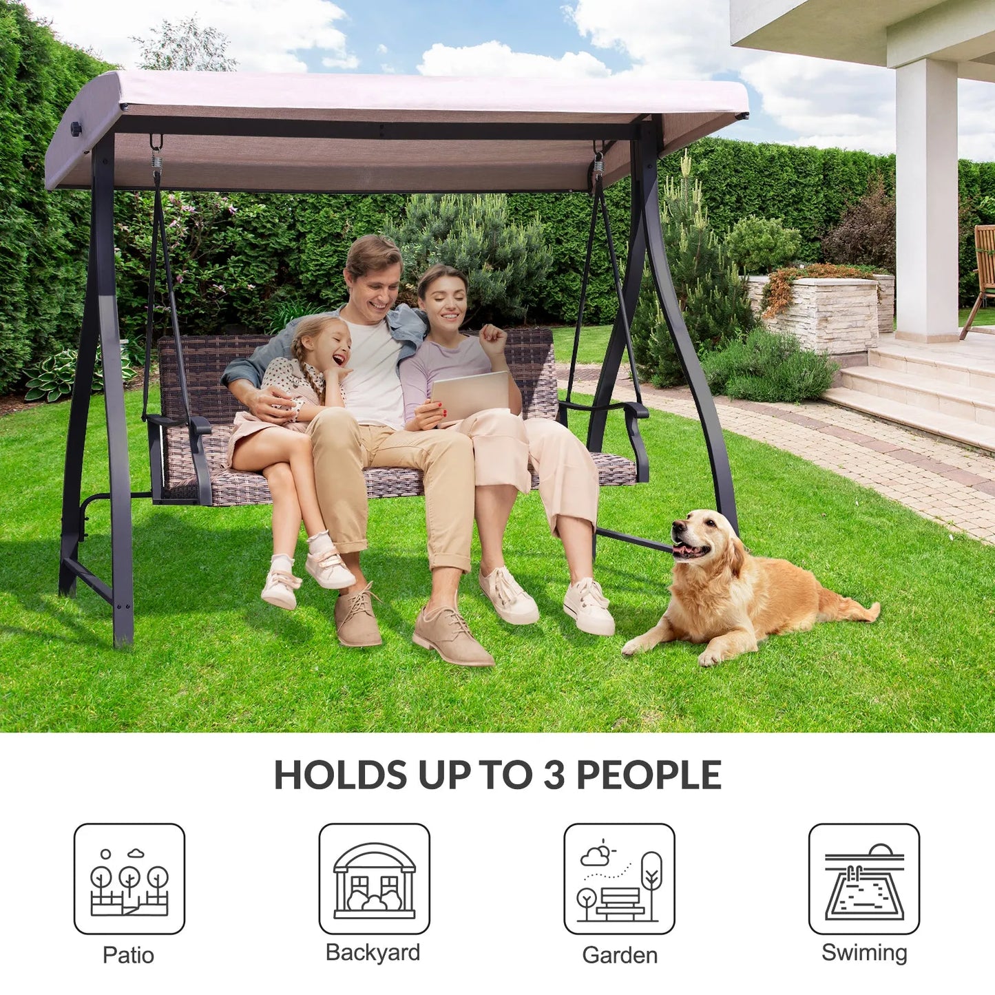 3-Seat Outdoor Rattan Patio Swing with Adjustable Canopy Brown for patio backyard garden Aoodor