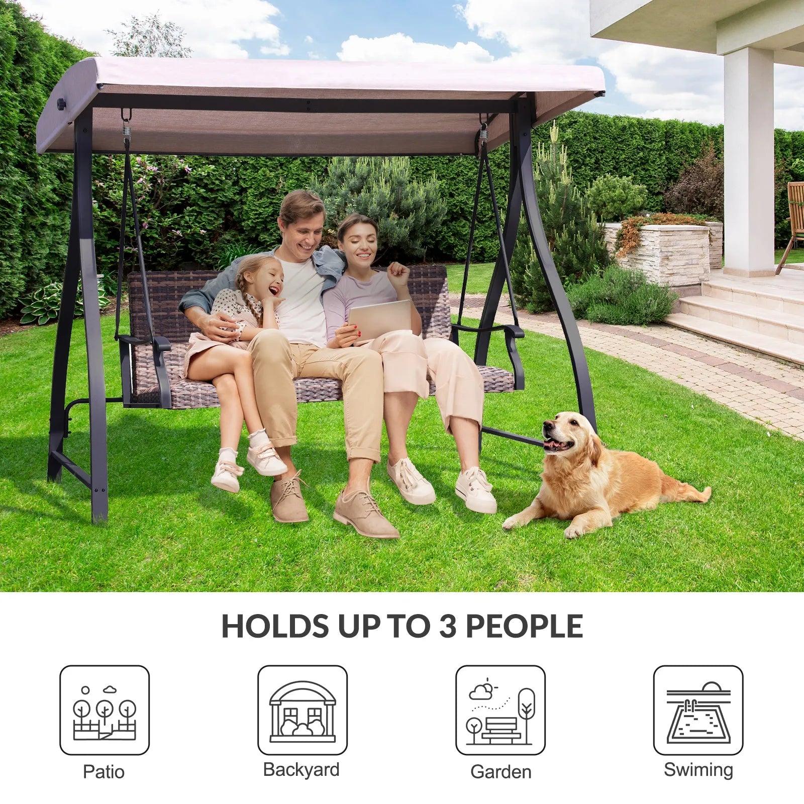 3-Seat Outdoor Rattan Patio Swing with Adjustable Canopy Brown for patio backyard garden Aoodor