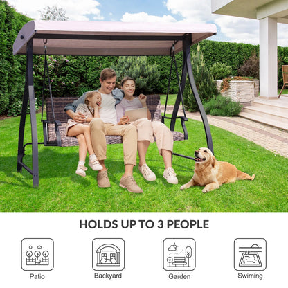 3-Seat Outdoor Rattan Patio Swing with Adjustable Canopy Brown for patio backyard garden Aoodor
