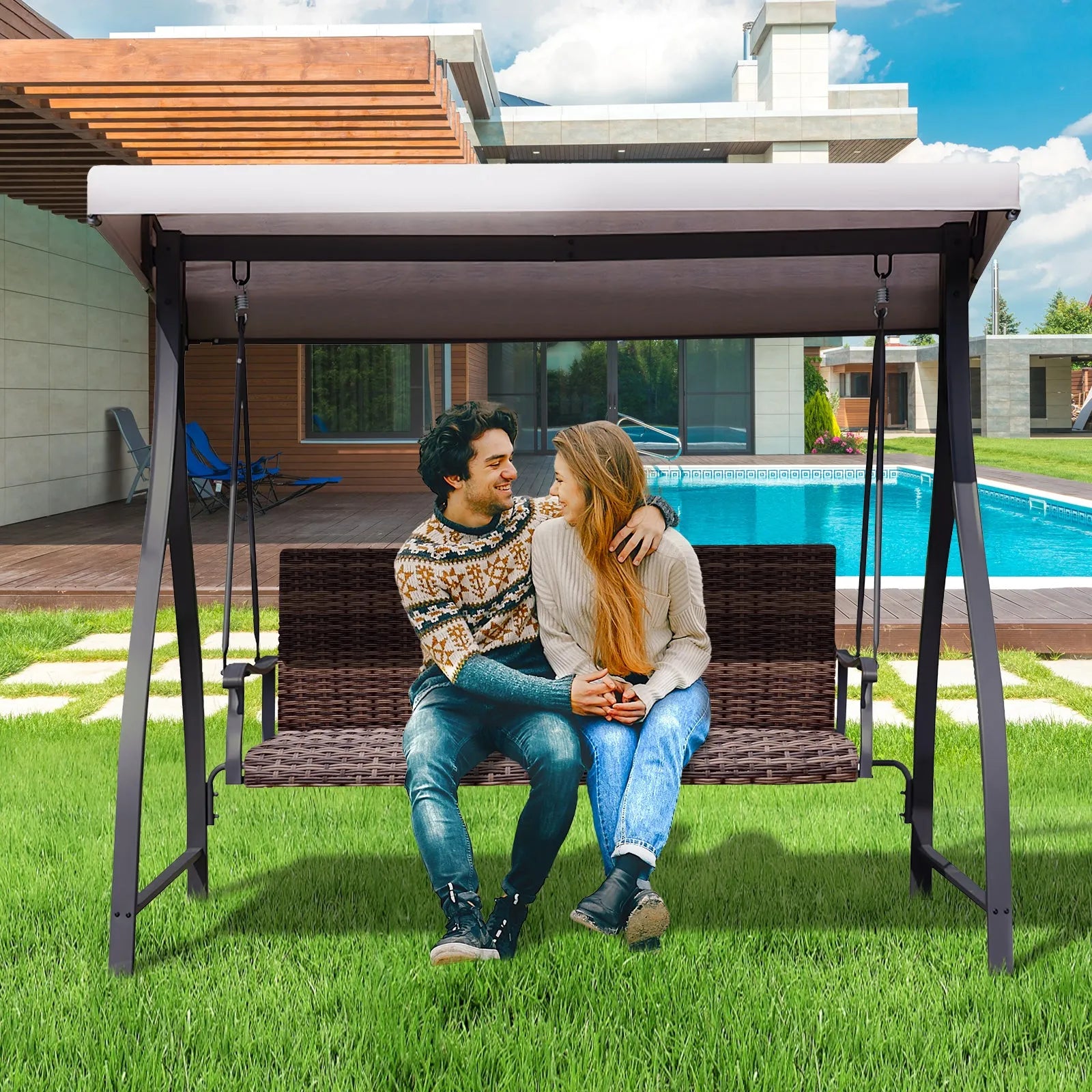 3-Seat Outdoor Rattan Patio Swing with Adjustable Canopy Brown Aoodor