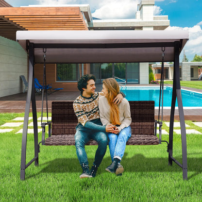3-Seat Outdoor Rattan Patio Swing with Adjustable Canopy Brown Aoodor