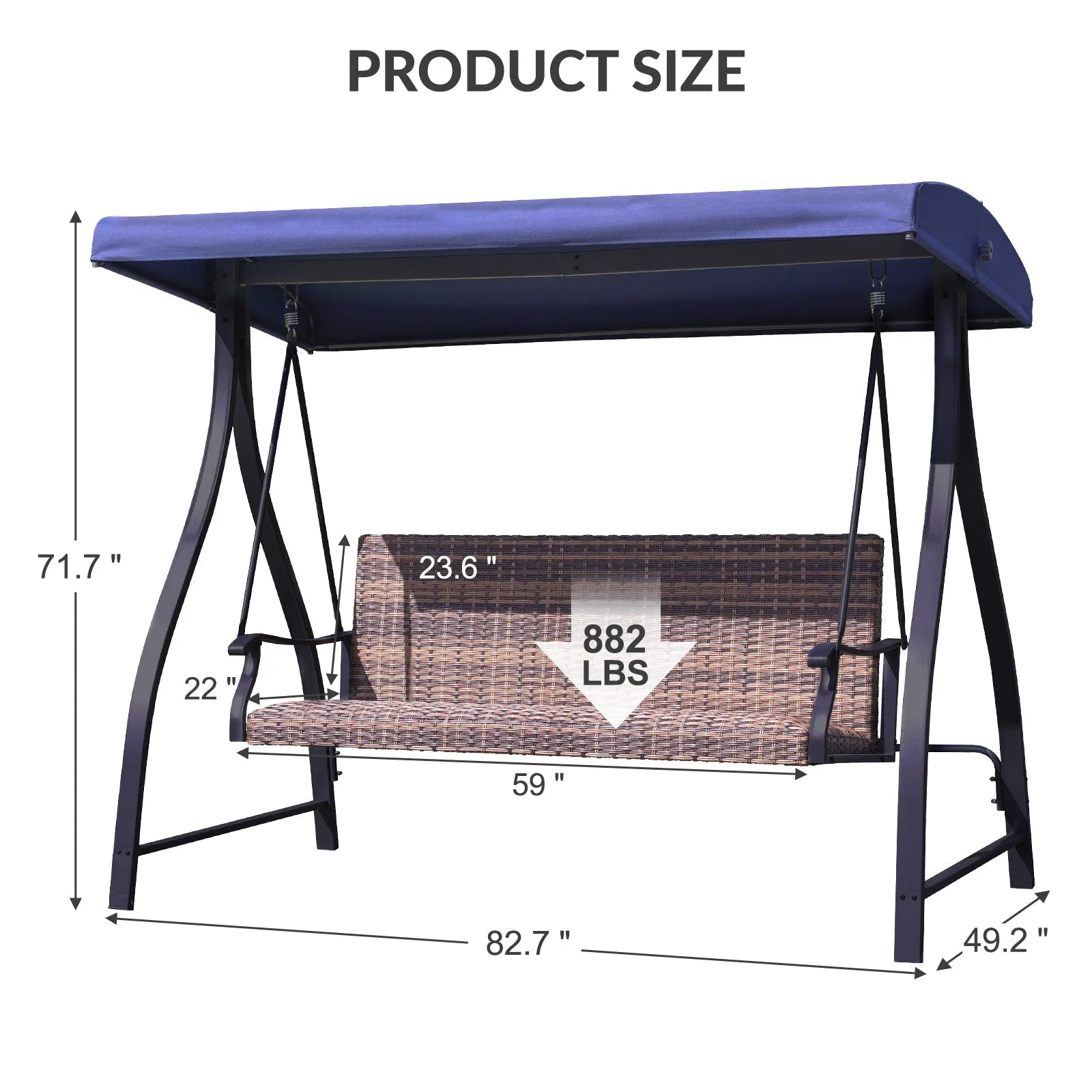 3-Seat Outdoor Rattan Patio Swing with Adjustable Canopy Dark Blue Size Aoodor