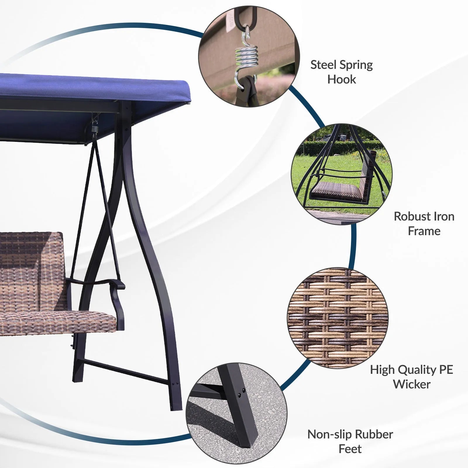 3-Seat Outdoor Rattan Patio Swing with Adjustable Canopy Dark Blue more detail Aoodor