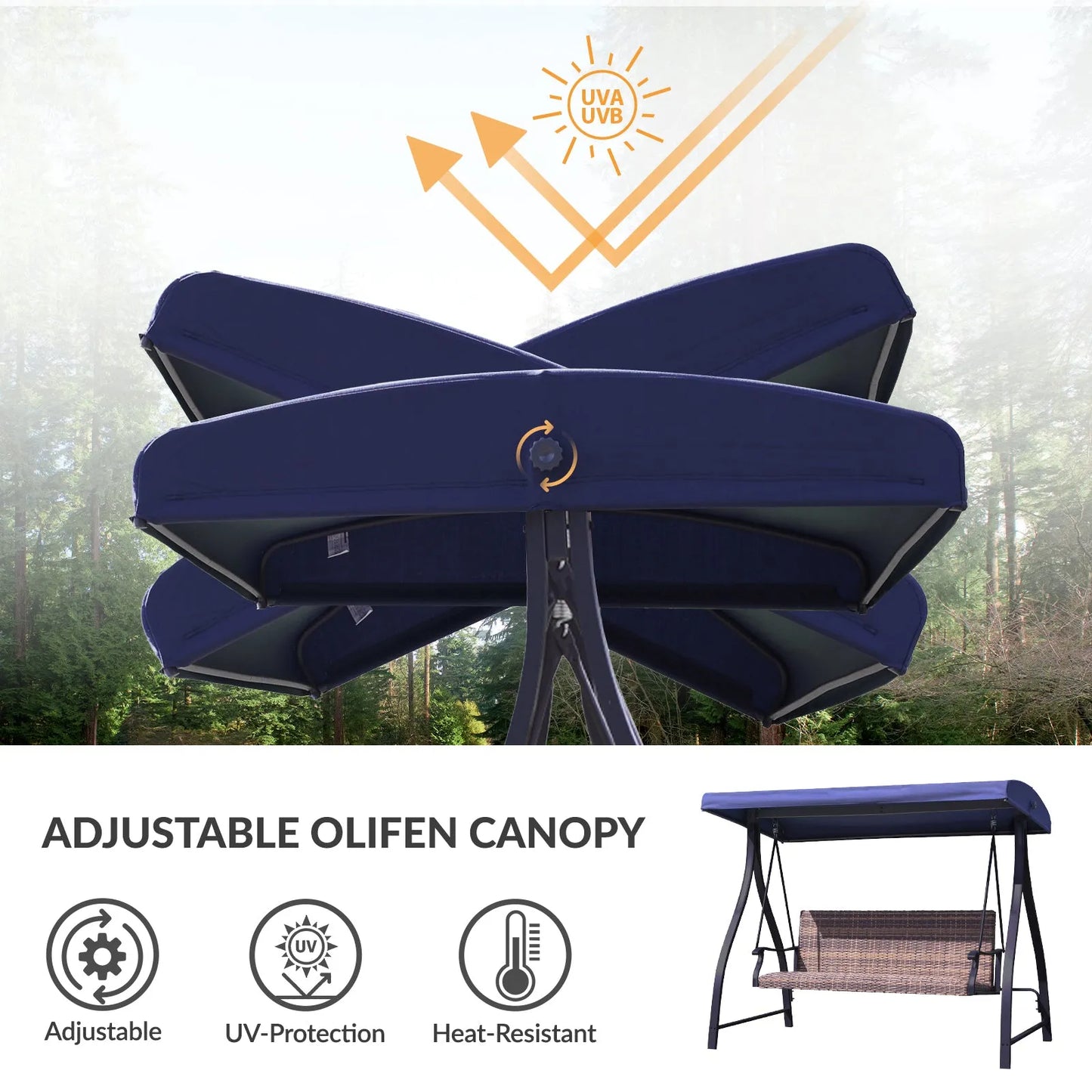 3-Seat Outdoor Rattan Patio Swing with Adjustable Canopy Dark Blue UV protection Aoodor