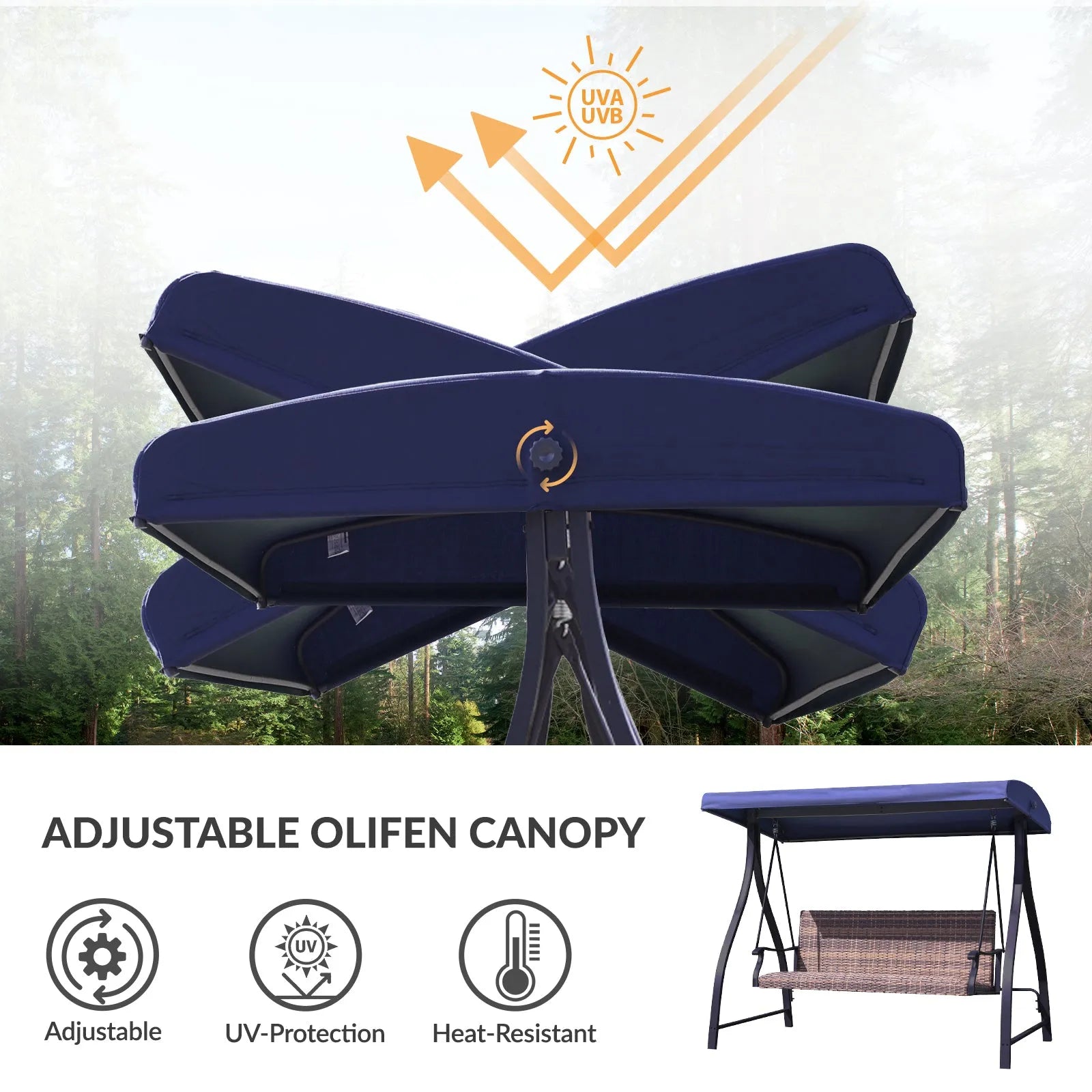 3-Seat Outdoor Rattan Patio Swing with Adjustable Canopy Dark Blue UV protection Aoodor
