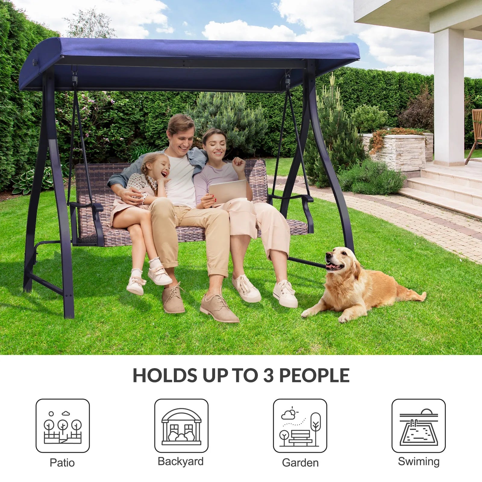 3-Seat Outdoor Rattan Patio Swing with Adjustable Canopy Dark Blue for patio backyard garden swimming pool Aoodor