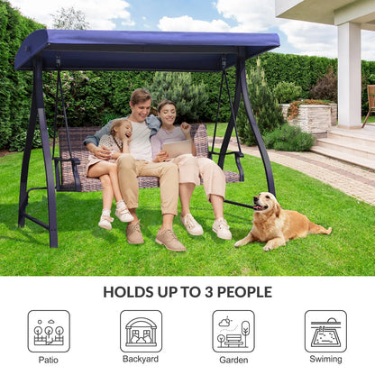 3-Seat Outdoor Rattan Patio Swing with Adjustable Canopy Dark Blue for patio backyard garden swimming pool Aoodor