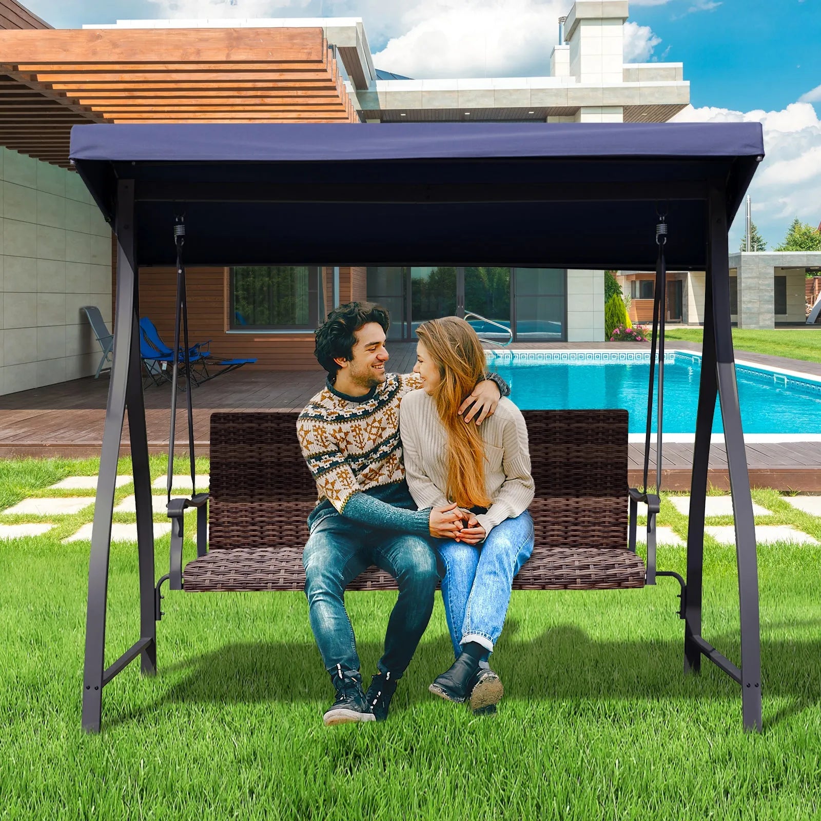 3-Seat Outdoor Rattan Patio Swing with Adjustable Canopy Dark Blue Aoodor