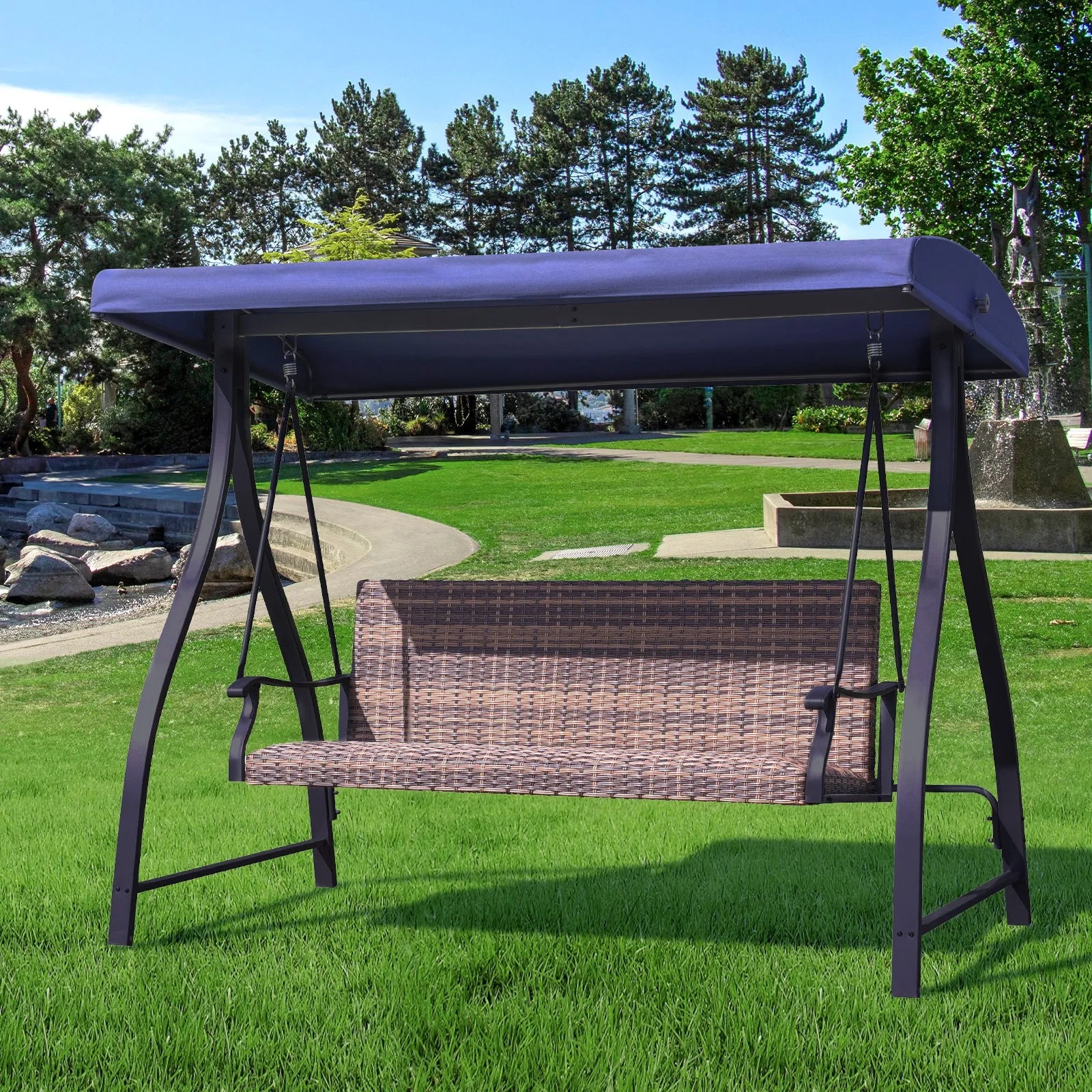 3-Seat Outdoor Rattan Patio Swing with Adjustable Canopy Dark Blue Aoodor