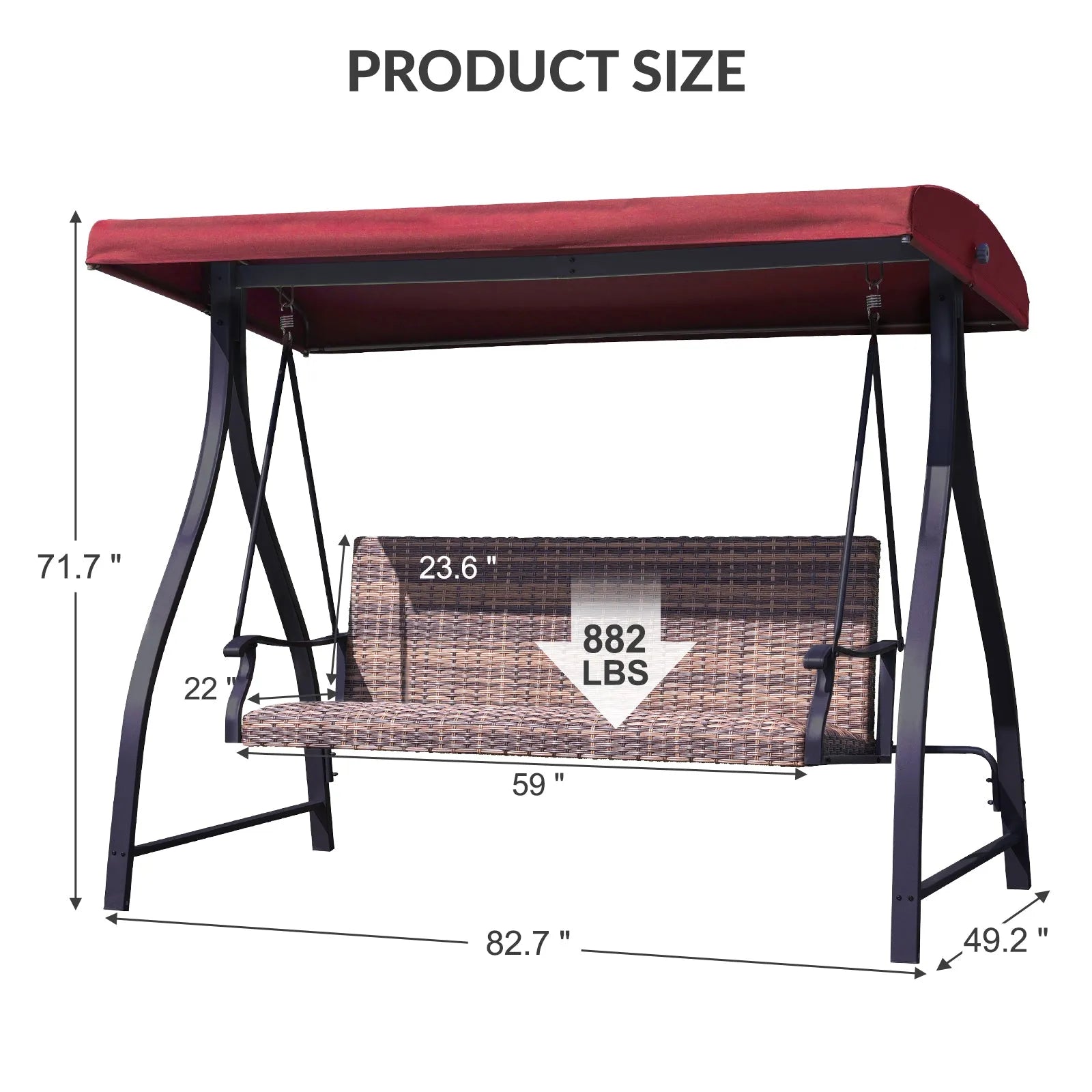 3-Seat Outdoor Rattan Patio Swing with Adjustable Canopy Red Size Aoodor