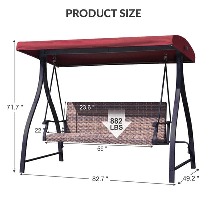 3-Seat Outdoor Rattan Patio Swing with Adjustable Canopy Red Size Aoodor