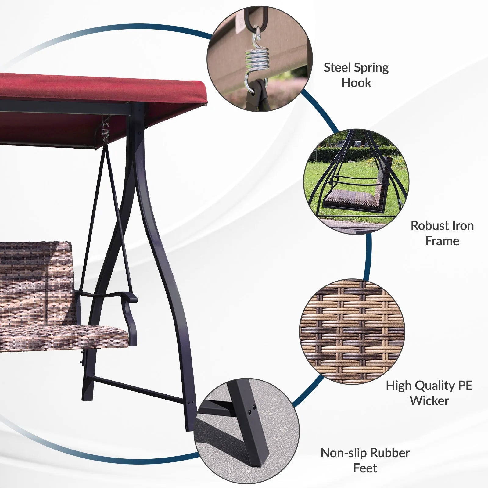 3-Seat Outdoor Rattan Patio Swing with Adjustable Canopy Red More Detail Aoodor