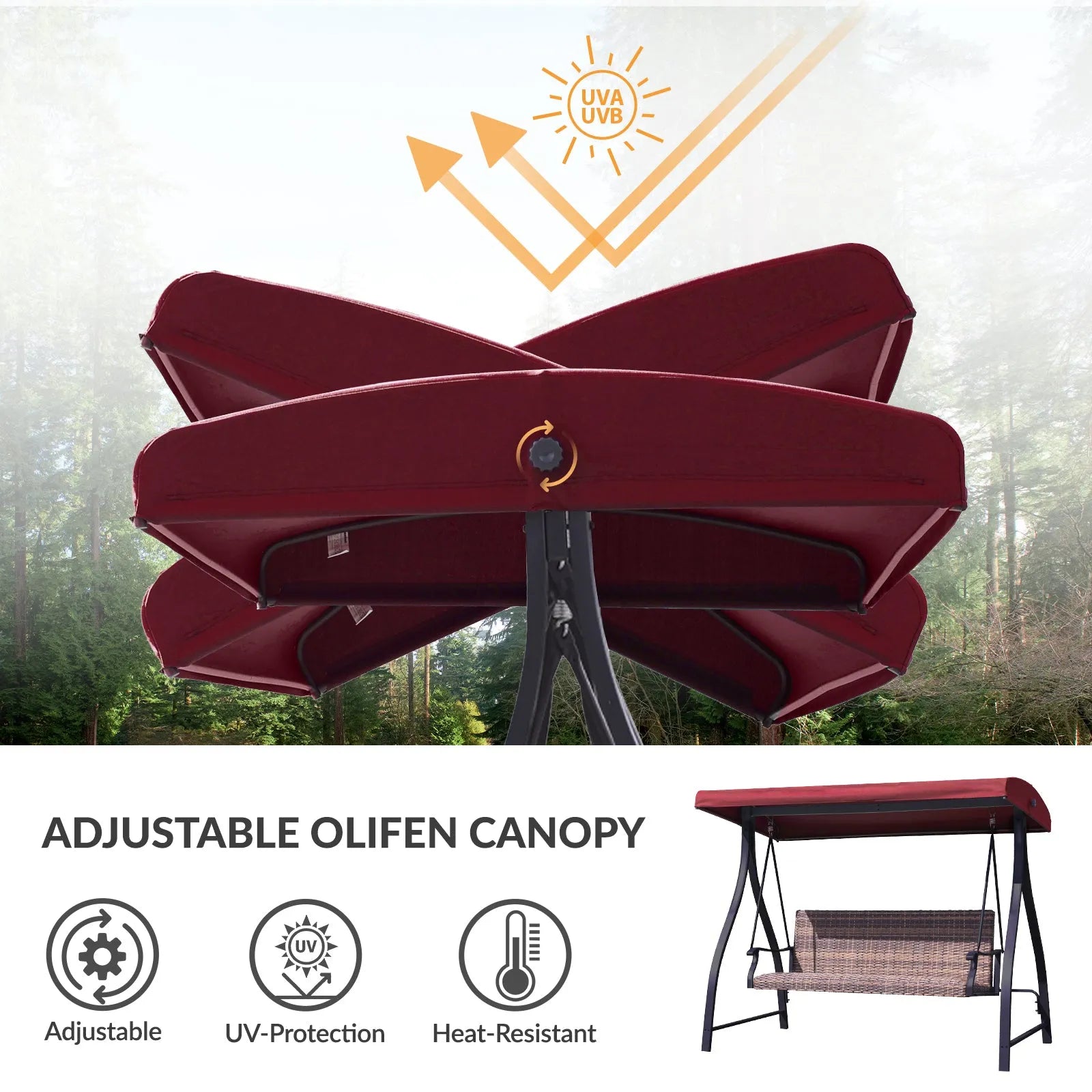 3-Seat Outdoor Rattan Patio Swing with Adjustable Canopy Red UV Protection Aoodor