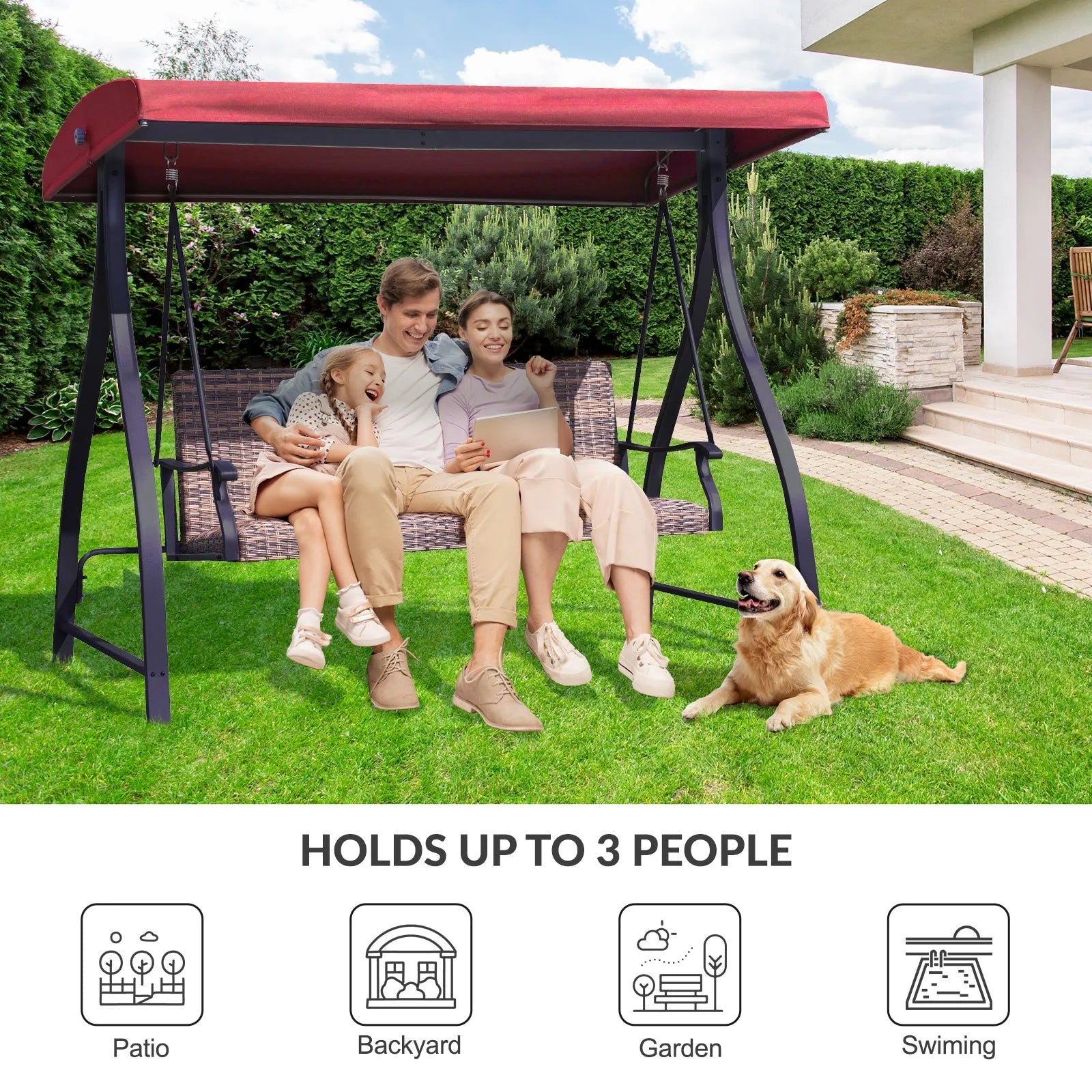 3-Seat Outdoor Rattan Patio Swing with Adjustable Canopy Red for Patio Backyard Garden Swimming Pool Aoodor