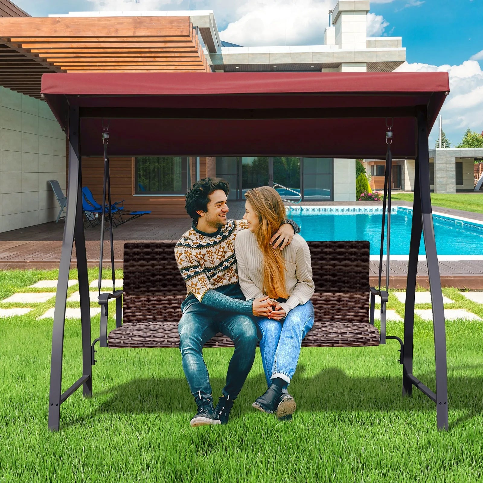 3-Seat Outdoor Rattan Patio Swing with Adjustable Canopy Red Aoodor