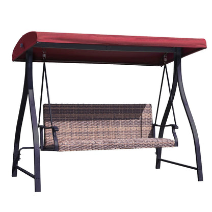 3-Seat Outdoor Rattan Patio Swing with Adjustable Canopy Red Aoodor