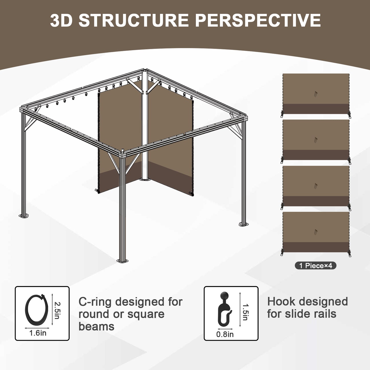 Universal Gazebo Curtain Set for Privacy Side Walls 4 Panels (Curtain Only) - Brown Coffee