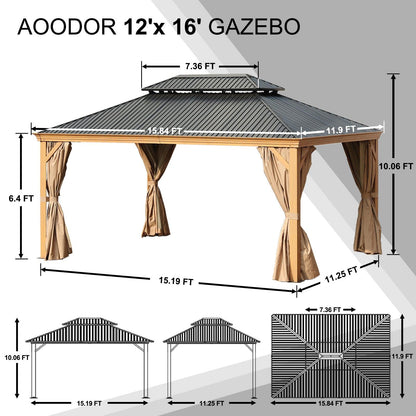 12'x16' Aluminum Gazebo with Wood Grain Finish, 2-Tier Steel Roof, Curtains and Netting