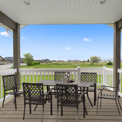 Patio Dining Table for 6 People, 59"L x 38"W Metal Outdoor Table with Adjustable Umbrella Hole