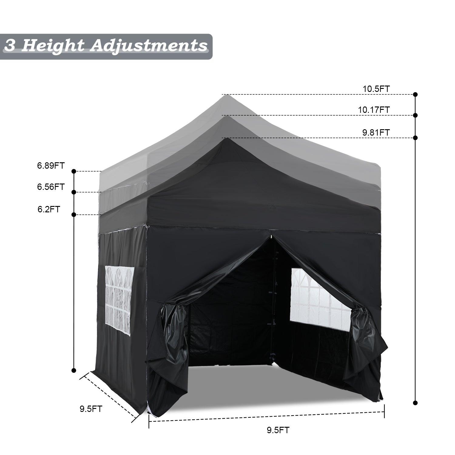 10 x 10 FT. Pop Up Canopy Tent with Windows Sidewalls, 3 Adjustable Heights, with Wheeled Bag  Aoodor    