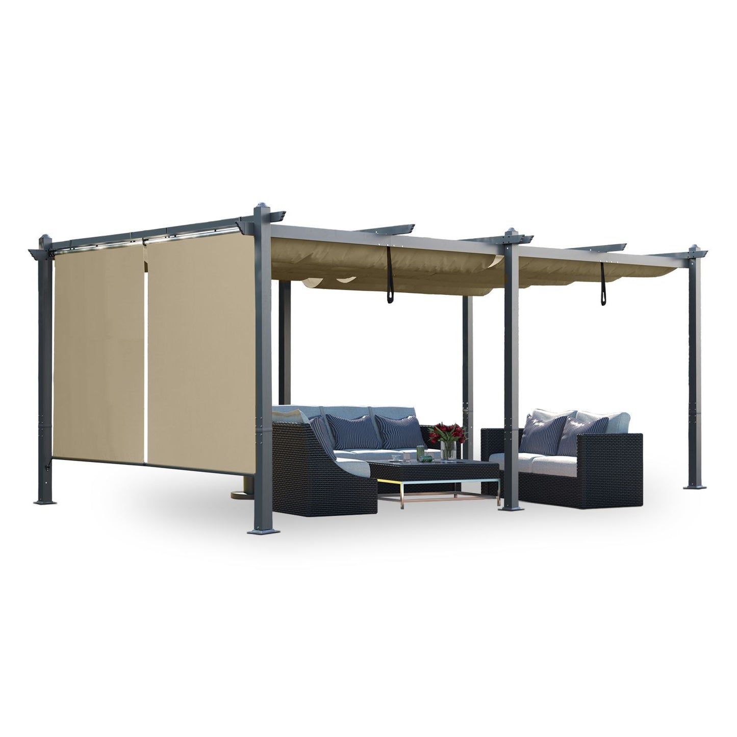 12 x 20 FT Outdoor Pergola with Retractable Shade Canopy, Aluminum Frame, Roller Shade Curtain- khaki/Charcoal Gray