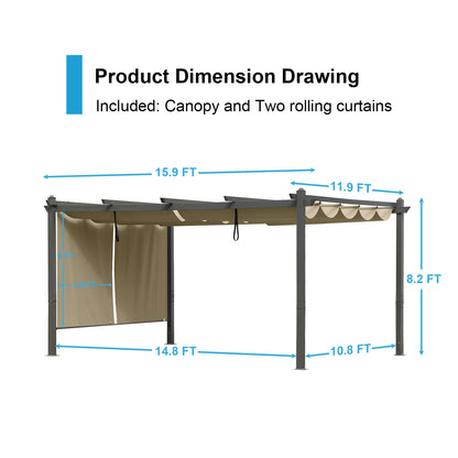 16 x 12 FT/14 x 12 FT Outdoor Pergola with Retractable Shade Canopy, Aluminum Frame, Roller Shade Curtain