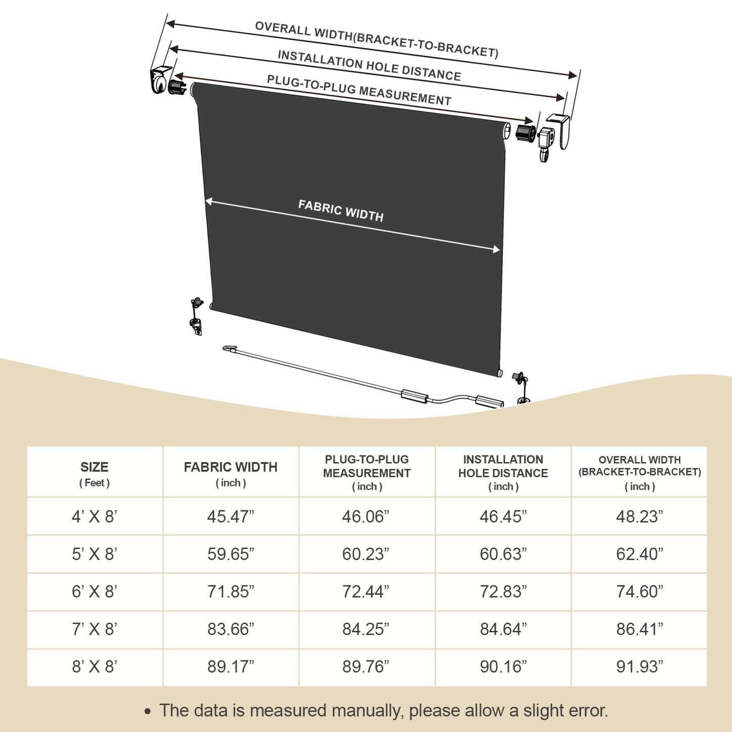 5% Openness Cordless Solar Fabric Roller Sun Shade for Outdoor Gazebo Pergola Porch, 95% UV Protection