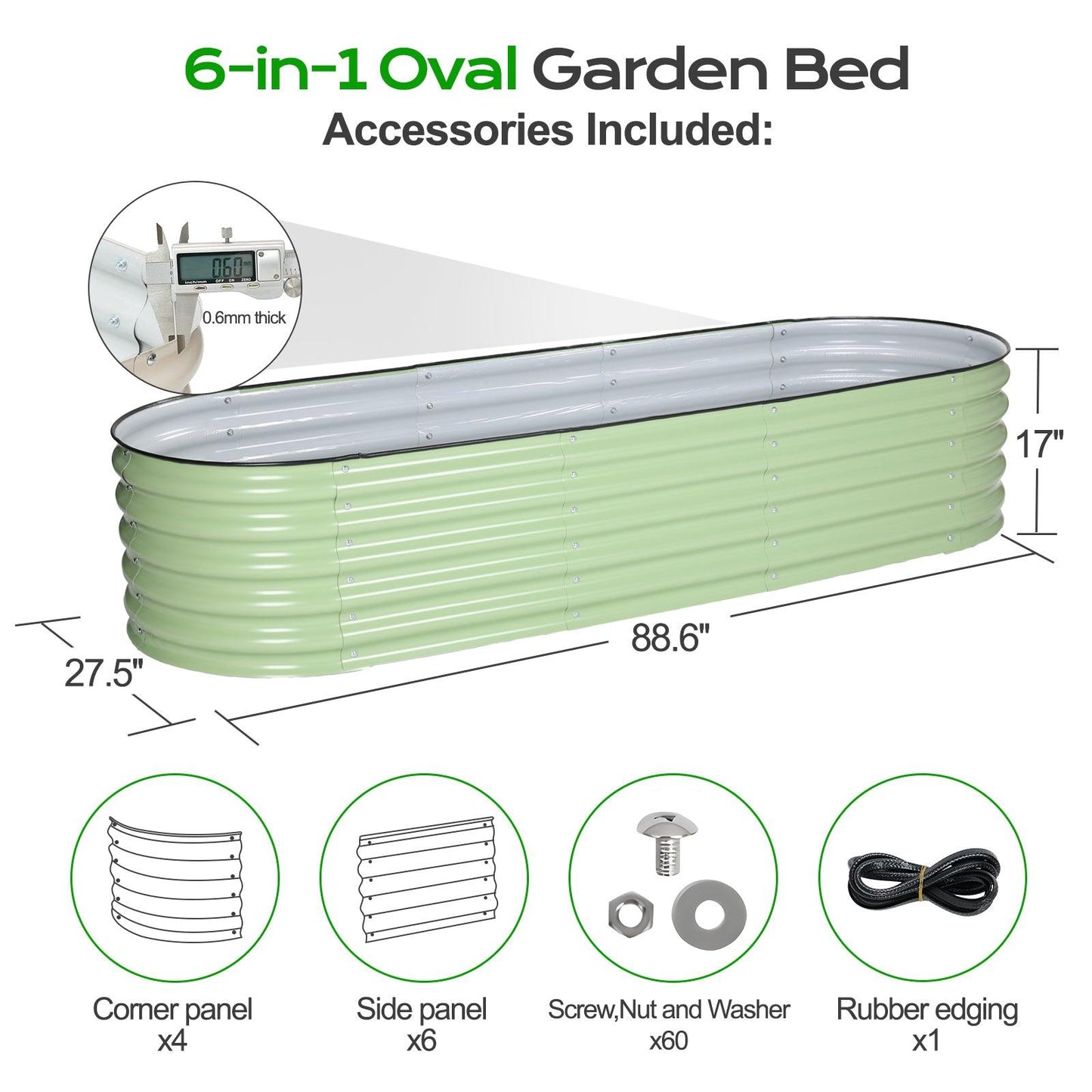 6-In-1 Oval Modular Aluzinc Raised Garden Bed (88.6x27.5x17 inch)