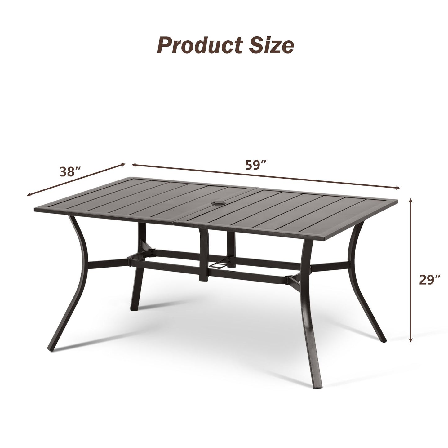 Patio Dining Table for 6 People, 59"L x 38"W Metal Outdoor Table with Adjustable Umbrella Hole