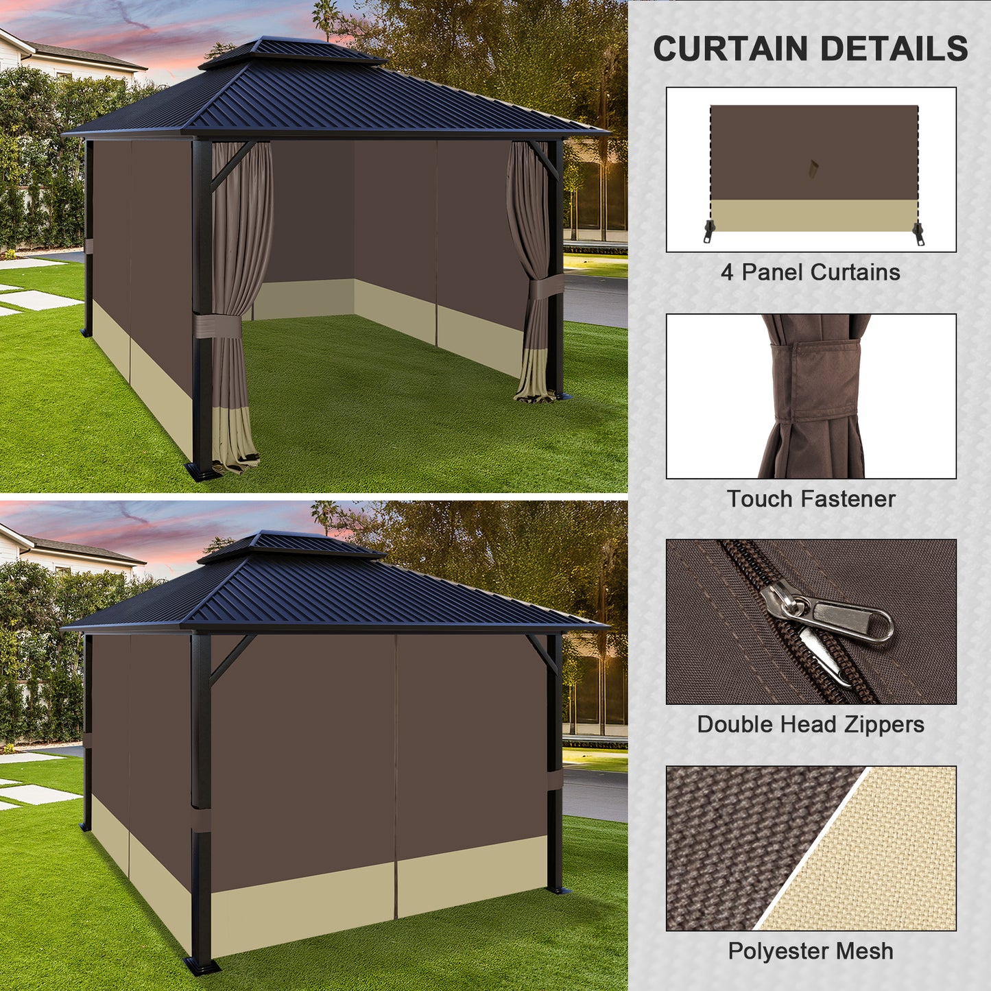 Universal Gazebo Curtain Set for Privacy Side Walls 4 Panels (Curtain Only) - Coffee Khaki