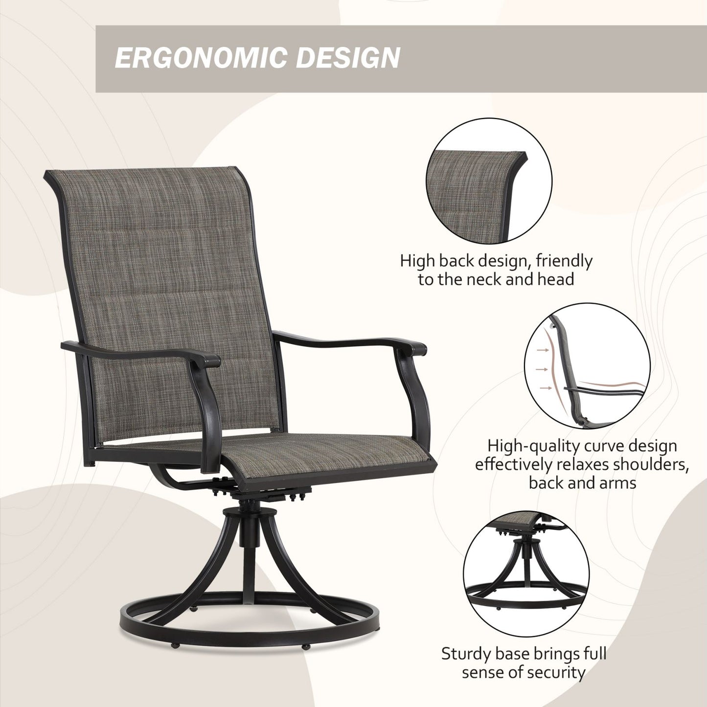 Outdoor 360-degree Swivel Dining Chairs Set of 2, Breathable, Durable High Back Textilene Chair