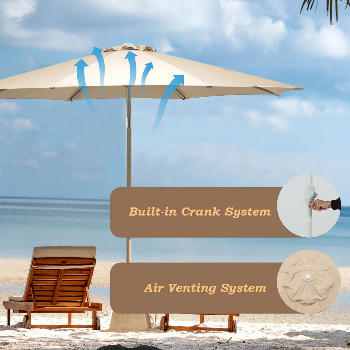 9FT Outdoor Patio Market Umbrella Aluminum Frame with Push Button Tilt Crank and 8 Steel Ribs, UV Protection  Aoodor    